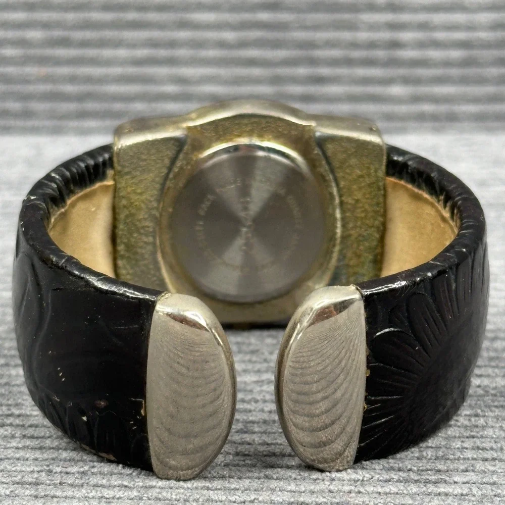 Sarah Coventry Black Embossed Cuff Watch Silver Tone Square 25548 Japan Movt vtg